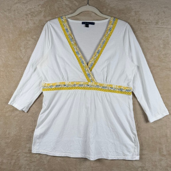 Boden Tops - Boden‎ Women's White Floral Trim 3/4 Sleeve V Neck Top Casual Vibrant Size 16